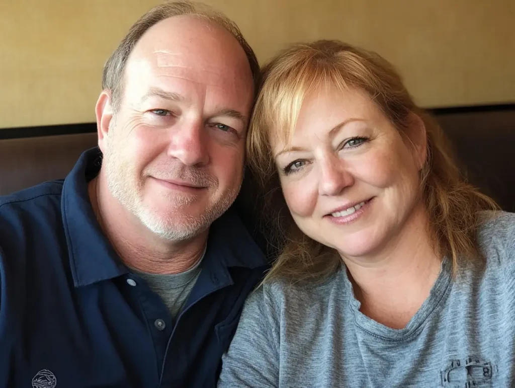About me 1 Smiling couple sitting closely together in a cozy restaurant setting