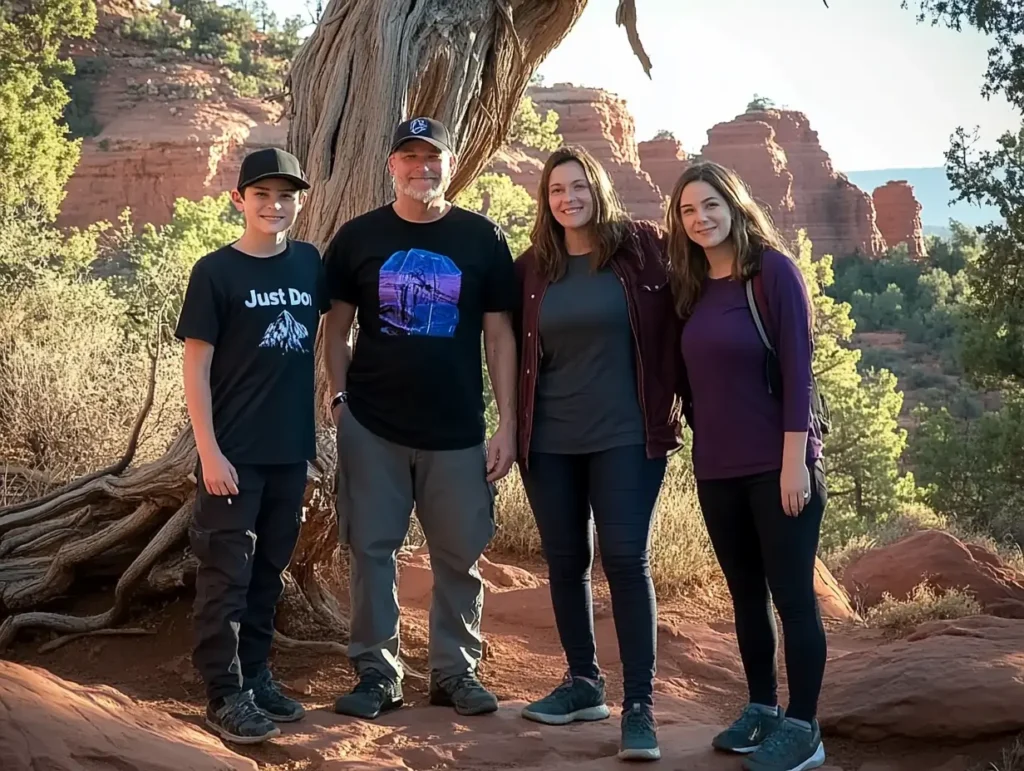 About me 2 Family of four posing together on a scenic hike in a red rock canyon landscape