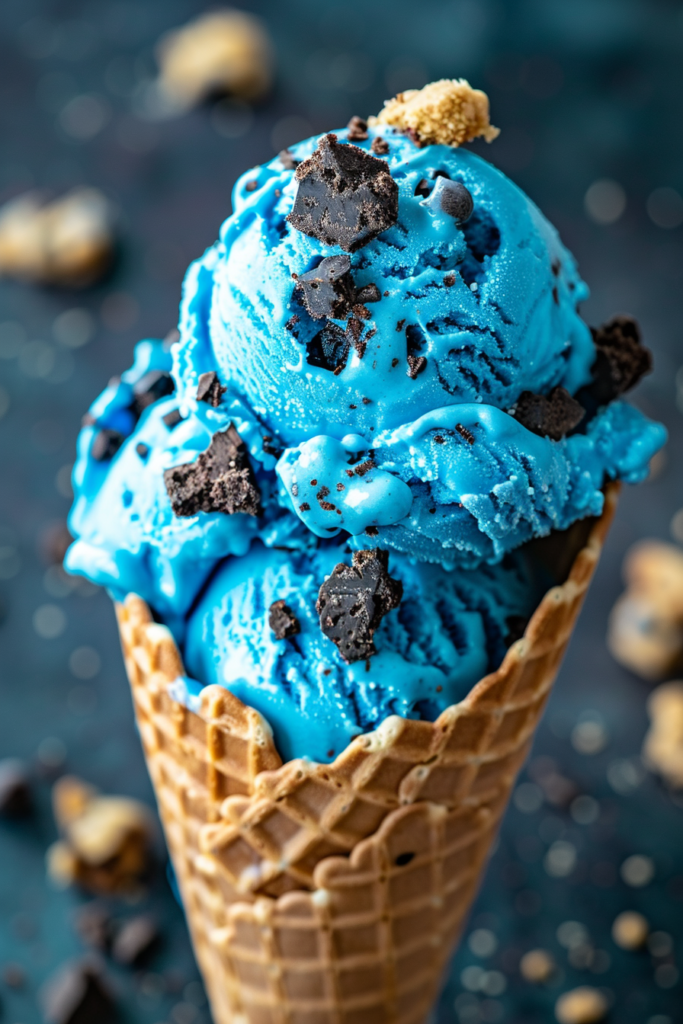 Cookie Monster Ice Cream – The Ultimate No-Churn Treat That’ll Blow Your Mind 8 Close-up of blue Cookie Monster Ice Cream with Oreo cookie chunks in a waffle cone