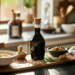 A bottle of gluten-free soy sauce surrounded by whole grains, chives, and fresh ingredients on a wooden cutting board in a sunny kitchen.