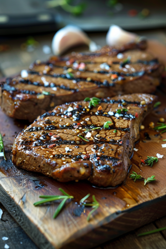 Juicy grilled steak with ingredient steak marinade and fresh herbs