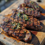 Grilled steak with herb and garlic ingredient steak marinade on wooden board