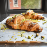 Pistachio Croissant: The Ultimate Homemade Pastry That Tastes Bakery-Fresh 9 Freshly baked pistachio croissants sprinkled with crushed pistachios and powdered sugar on parchment paper.
