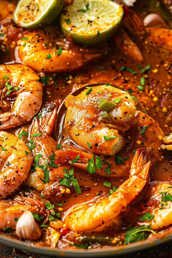 The Ultimate Guide to Seafood Boil Sauce: Delicious, Easy & Irresistible 8 Close-up of shrimp in a spicy seafood boil sauce with lime and herbs