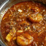 The Ultimate Guide to Seafood Boil Sauce: Delicious, Easy & Irresistible 9 Simmering seafood boil sauce with shrimp, onions, garlic, and black pepper in a pan