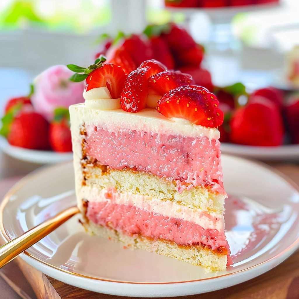 assembling-strawberry-cake-and-cheesecak Baker assembling layers of strawberry cake and cheesecake
