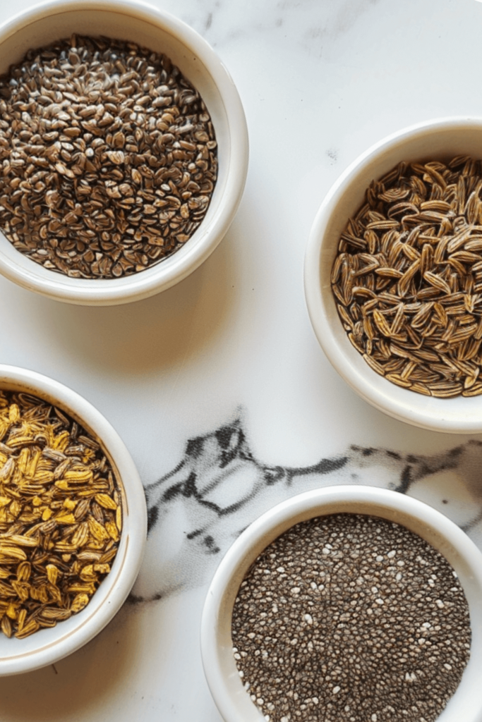 Chia, flax, fennel, and fenugreek seeds arranged in bowls for the bariatric seed ritual recipe