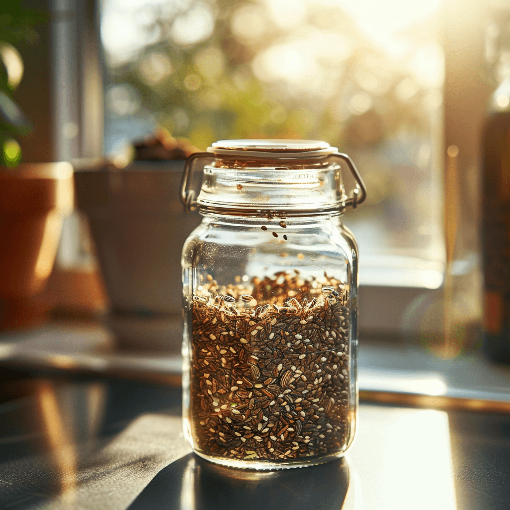 Soaked bariatric seed ritual recipe in a glass jar with chia, flax, fennel, and fenugreek seeds