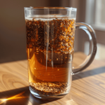Glass cup filled with bariatric seed tea recipe featuring chia, flax, and fenugreek seeds
