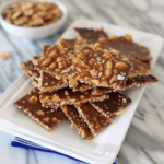 Matzo Crack Recipe: Irresistibly Crunchy, Sweet, and Easy to Make 8 Chocolate-covered matzo crack topped with caramel and chopped nuts, stacked on a white platter.