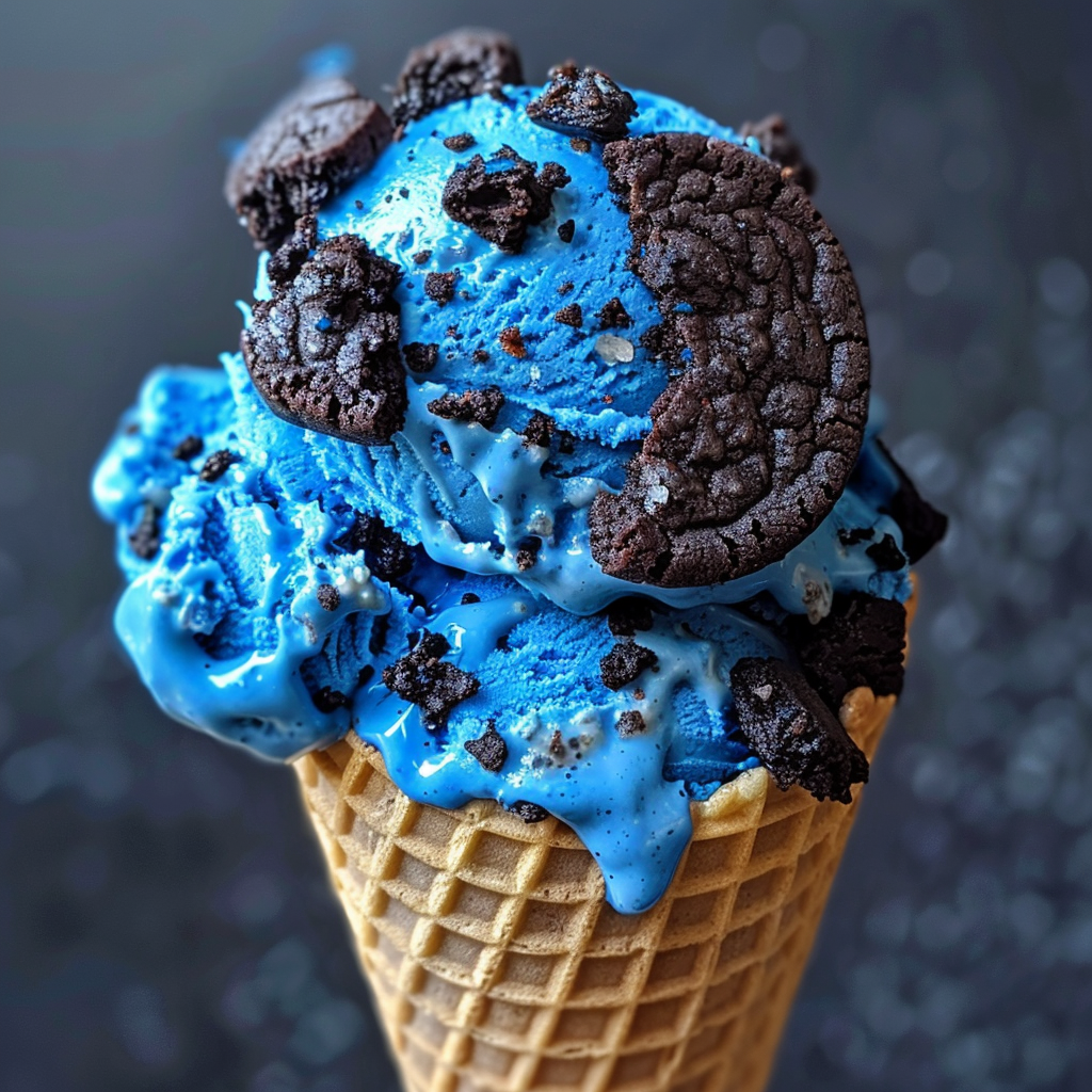 Cookie monster ice cream in cone with cookie chunks