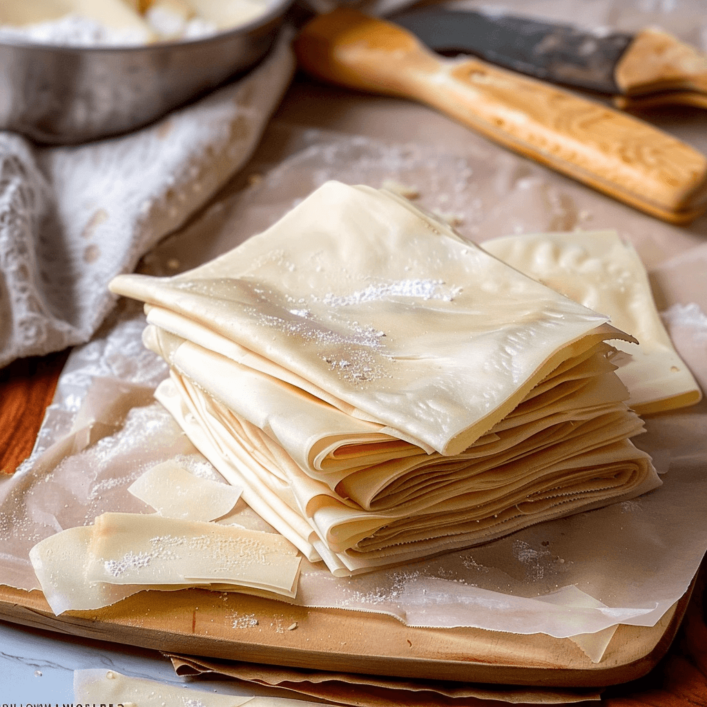 gluten free filo sheets stacked on wooden board