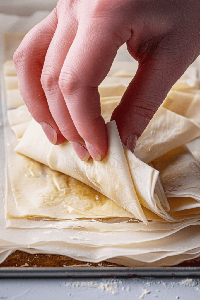 hand folding gluten free filo sheets for baking