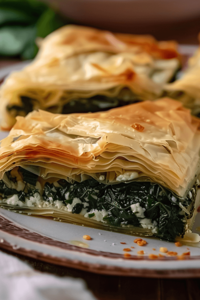 slice of spanakopita made with gluten free filo sheets