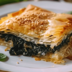 slice of gluten free spanakopita topped with sesame seeds