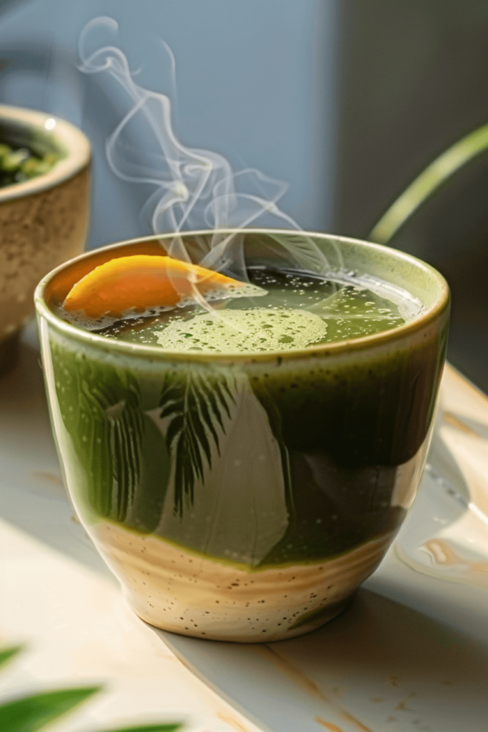 Japanese Mounjaro Recipe: The Best Natural Fat-Burning Drink to Try Now 5 Hot Japanese Mounjaro Recipe drink in a green ceramic cup with steam and lemon slice