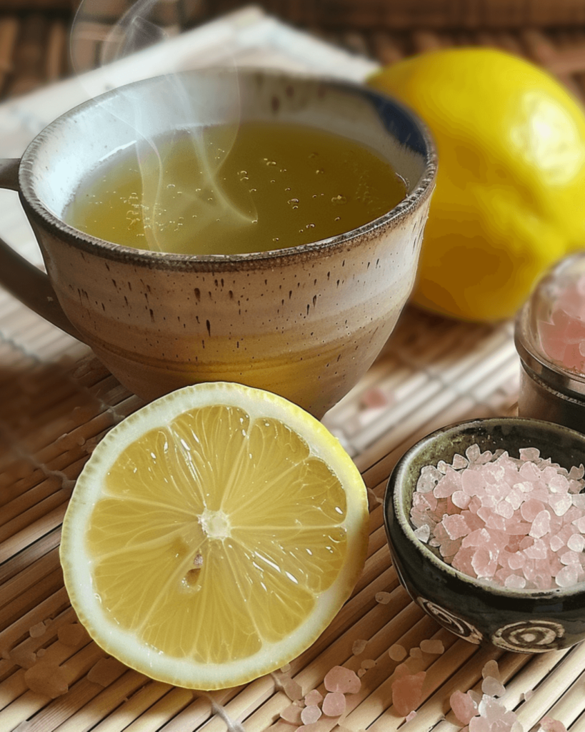 Japanese Mounjaro Tea: A Powerful Fat-Burning Formula From Nature 5 Cup of Japanese Mounjaro Tea with lemon and pink salt on bamboo mat