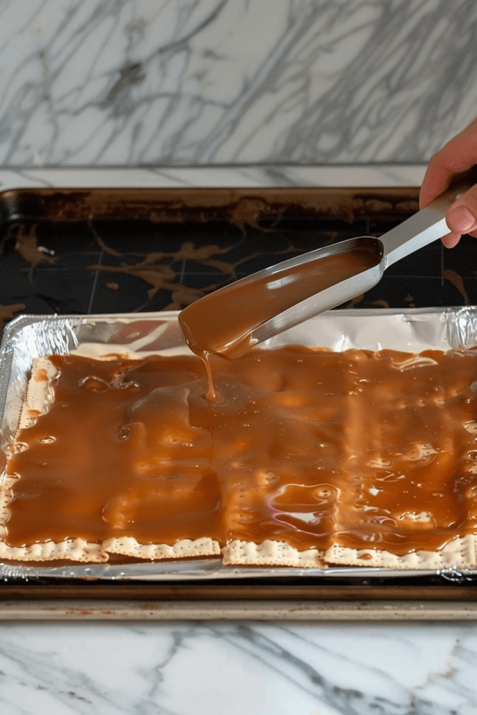 Matzo Crack Recipe: Irresistibly Crunchy, Sweet, and Easy to Make 9 Pouring toffee over matzah for matzo crack recipe