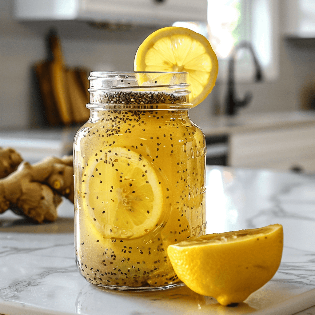 Natural Zepbound recipe drink in a glass jar with lemon and chia seeds