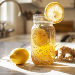 The Only Natural Zepbound Recipe You Need for Fast Results 9 Glass jar filled with natural Zepbound drink, featuring visible chia seeds, lemon slice, and fresh ginger