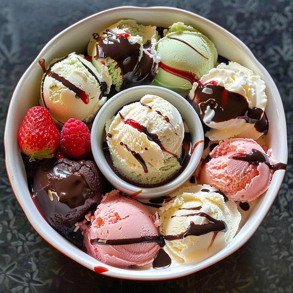 Colorful bowl of mixed Ninja Creami recipes ice cream topped with chocolate drizzle