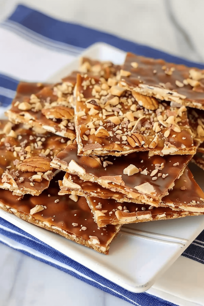 Matzo Crack Recipe: Irresistibly Crunchy, Sweet, and Easy to Make 6 Matzo crack with a shiny caramel layer, chocolate topping, and sprinkled pecans and chopped nuts on a plate.