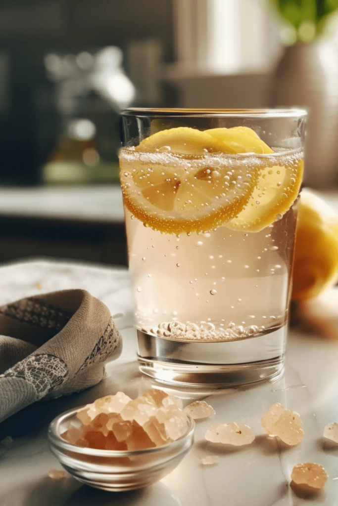 Pink Salt Weight Loss Recipe That Actually Works - Here’s How to Make It 6 Glass of pink salt weight loss recipe with lemon slices and Himalayan pink salt crystals on marble counter