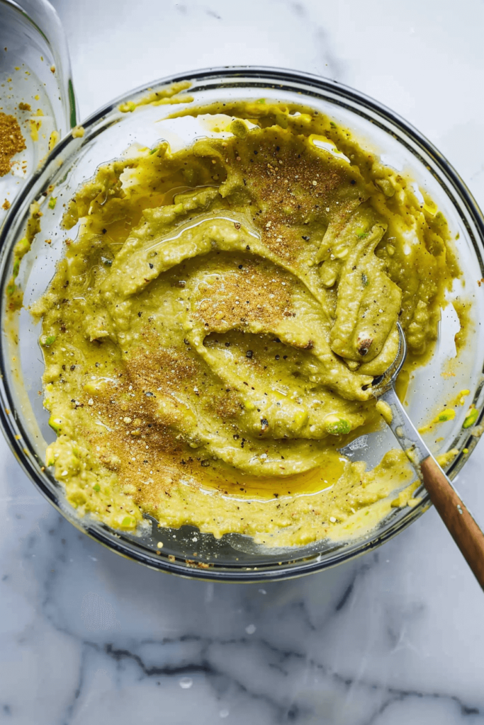 Pistachio Croissant: The Ultimate Homemade Pastry That Tastes Bakery-Fresh 10 Creamy pistachio spread in a glass bowl with a spoon, topped with spices and olive oil.