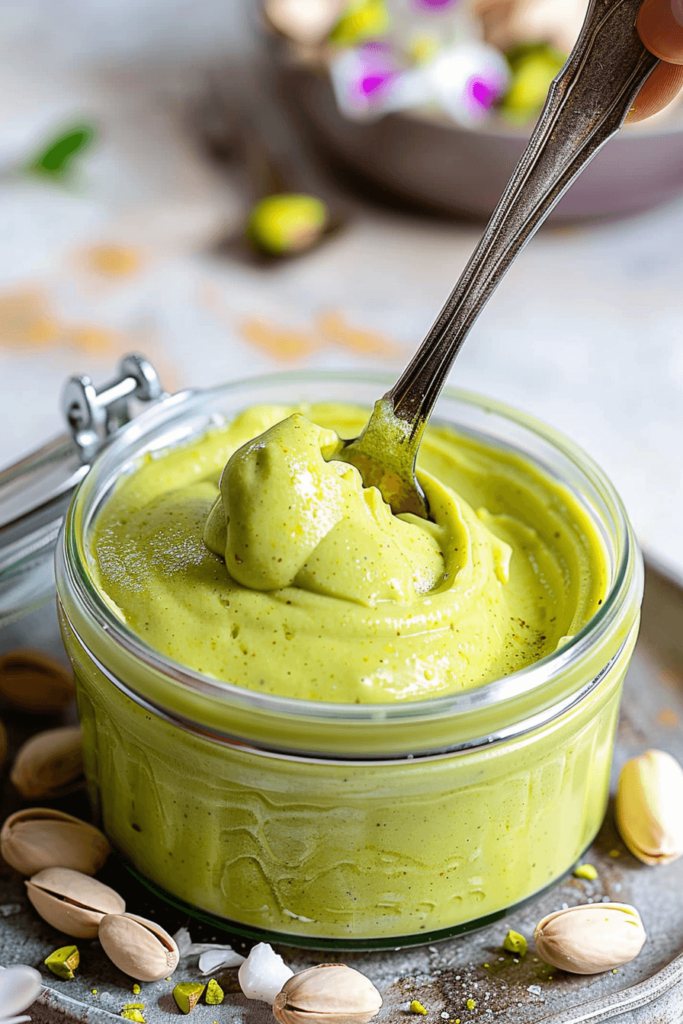 Pistachio Cream Recipe: Irresistibly Creamy, Rich, and Easy to Make at Home 8 Thick pistachio cream dripping from a spoon into a glass jar