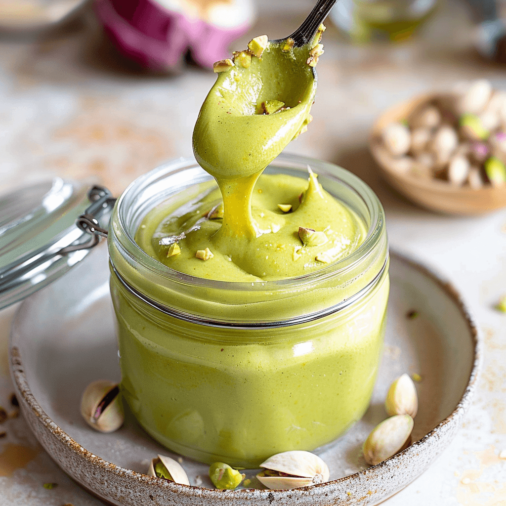 homemade pistachio cream recipe in glass jar
