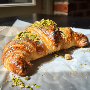 Fresh pistachio croissant with nutty filling