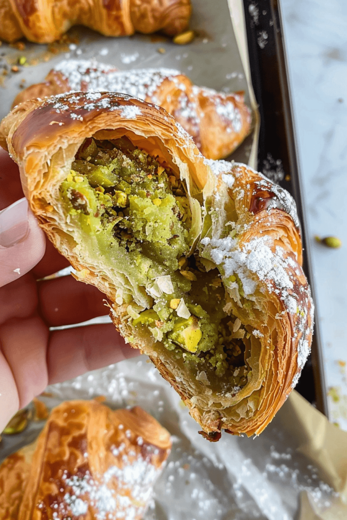 Pistachio Croissant: The Ultimate Homemade Pastry That Tastes Bakery-Fresh 11 Inside of a pistachio croissant showing green cream
