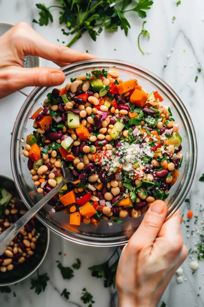 Dense Bean Salad: The Ultimate Nutrient-Packed Meal You’ll Love 11 Mixing dense bean salad with fresh vegetables, olives, and dressing