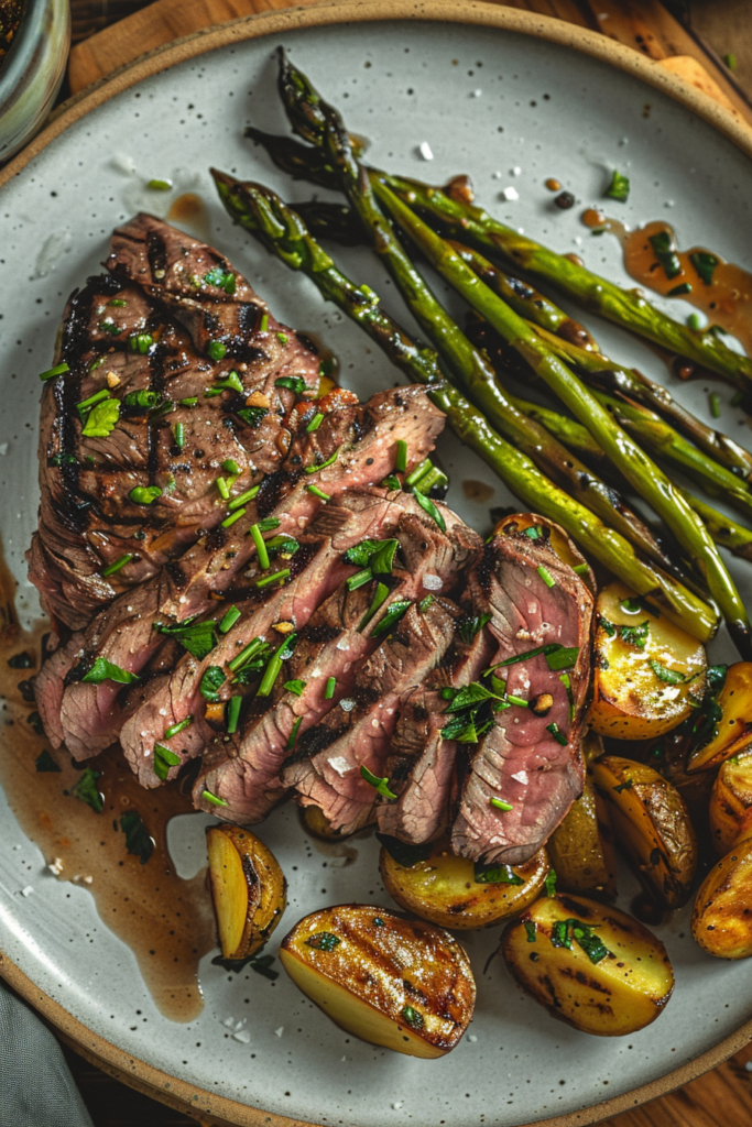 Steak served with roasted potatoes and veggies