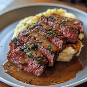 Steak on mashed potatoes with gravy and herbs