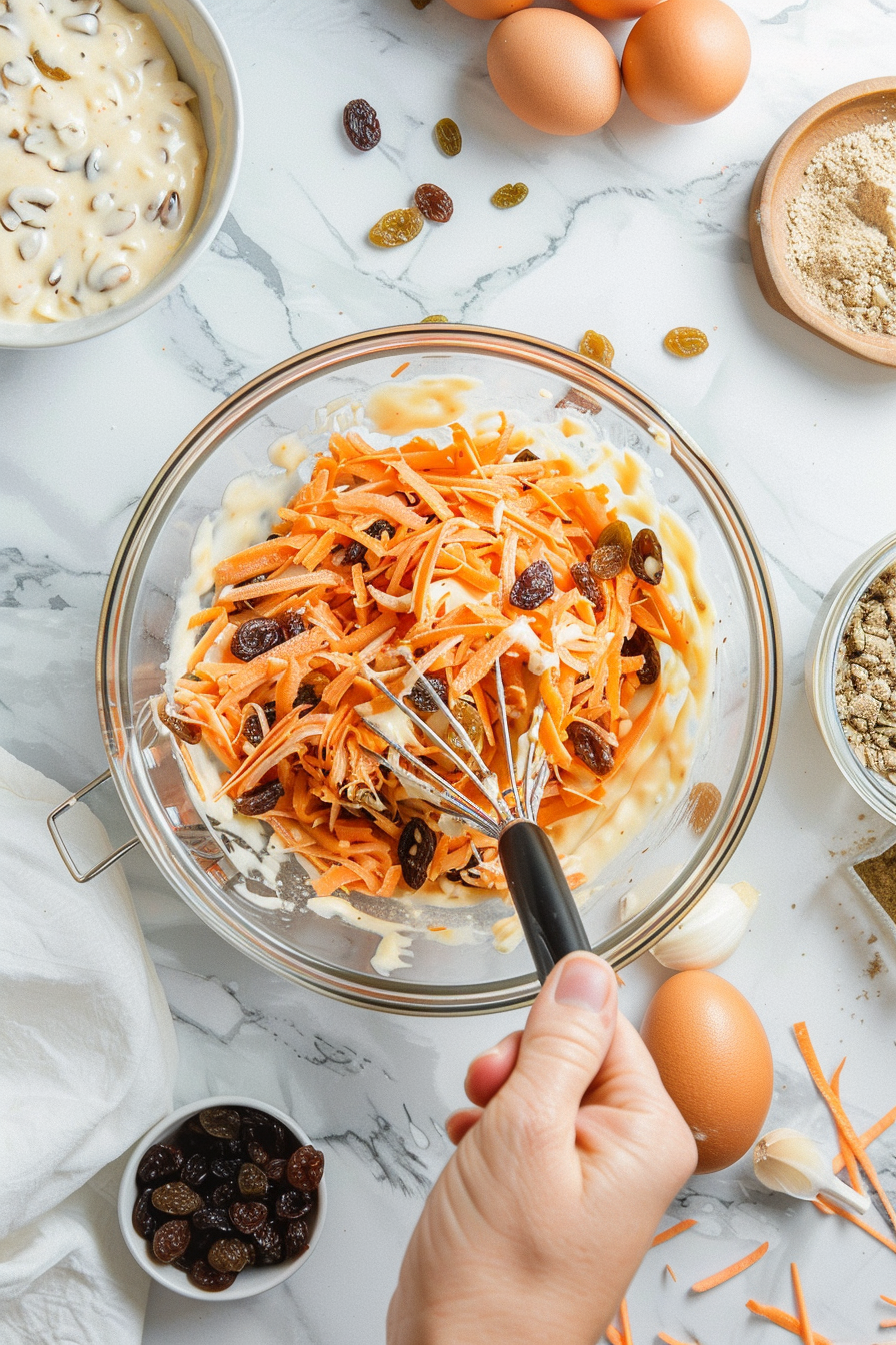 stirring-carrot-raisin-salad stirring carrot raisin salad with dressing