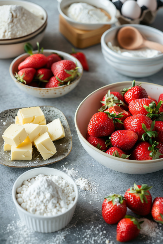 Strawberry Cake and Cheesecake: The Ultimate Homemade Dessert Combo 5 Fresh ingredients for strawberry cake and cheesecake on a kitchen table