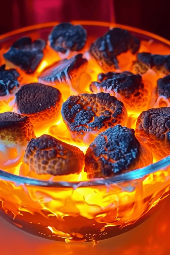 AI Lava Mukbang Recipe: The Ultimate Viral Dessert Explosion 4 Close-up of intensely caramelized marshmallows over a lava-like orange glow, part of the AI Lava Mukbang Recipe.