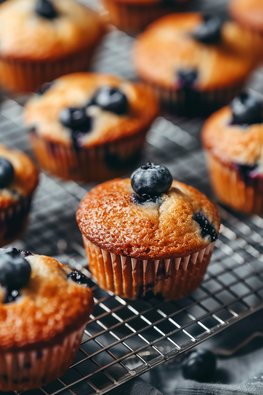 Freshly Baked Blueberry Protein Muffins on Cooling Rack