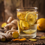 Glass of cortisol water recipe surrounded by turmeric root and lemon wedges