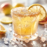 Pink salt rimmed apple cider vinegar detox drink with lemon and ice