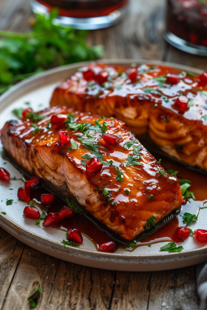 Air Fryer Pomegranate Glazed Salmon – The Ultimate Easy Gourmet Recipe 6 Air fryer pomegranate glazed salmon served with pomegranate seeds and herbs
