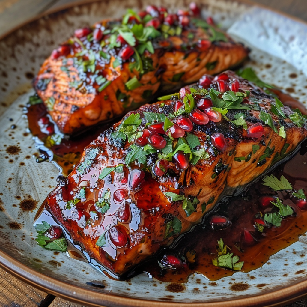 Air fryer pomegranate glazed salmon on plate