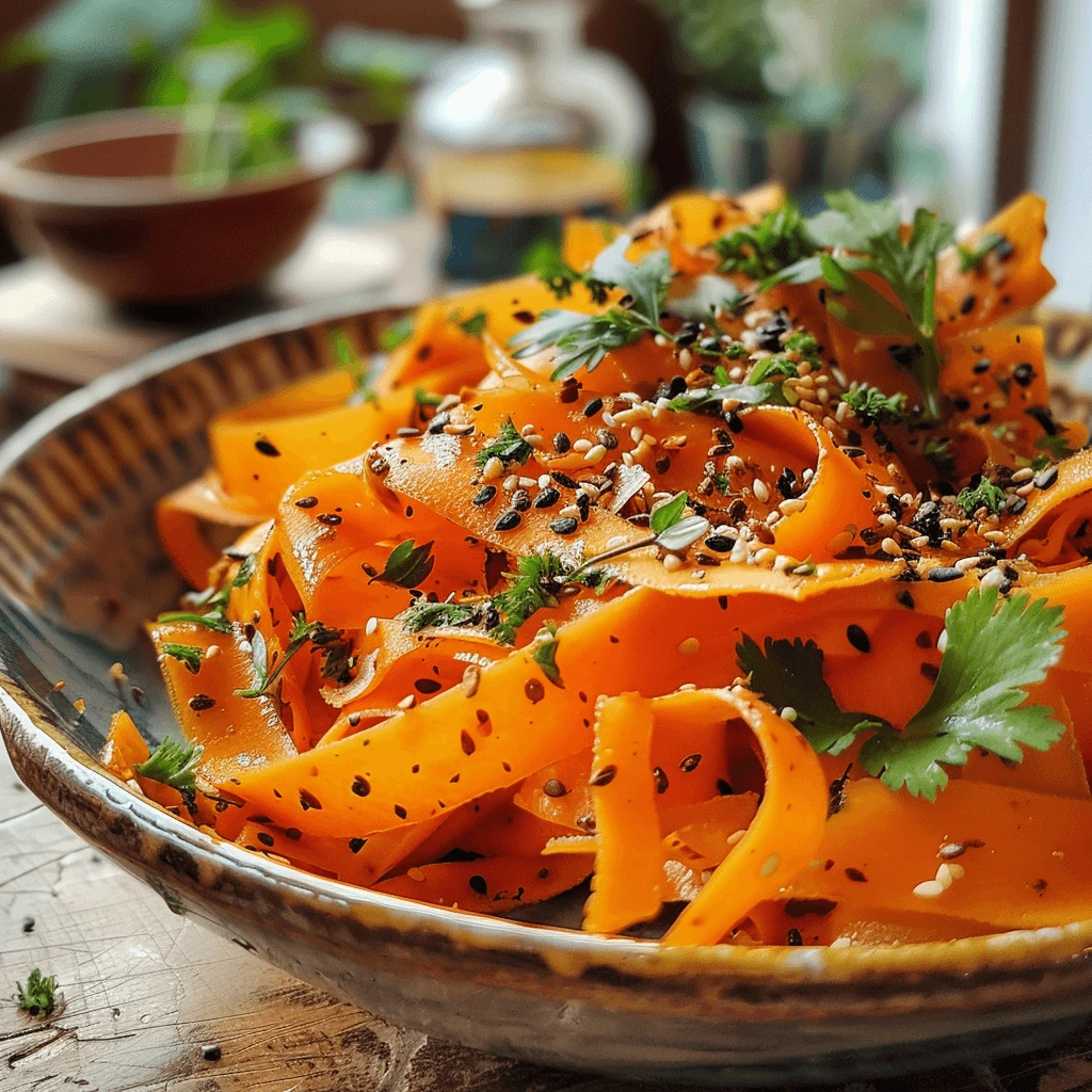 Carrot ribbon salad in ceramic bowl with herbs