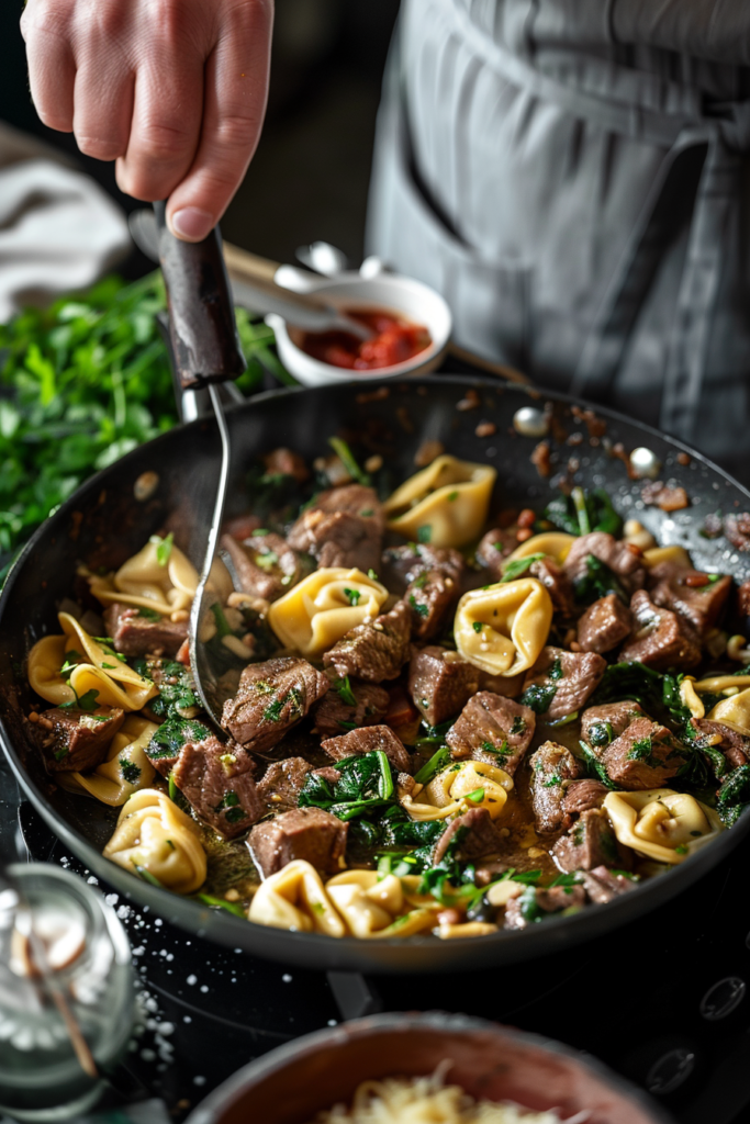 Garlic Butter Beef and Spinach Tortellini – The Ultimate One-Pan Comfort Meal 9 Garlic butter beef and spinach tortellini cooking in one pan