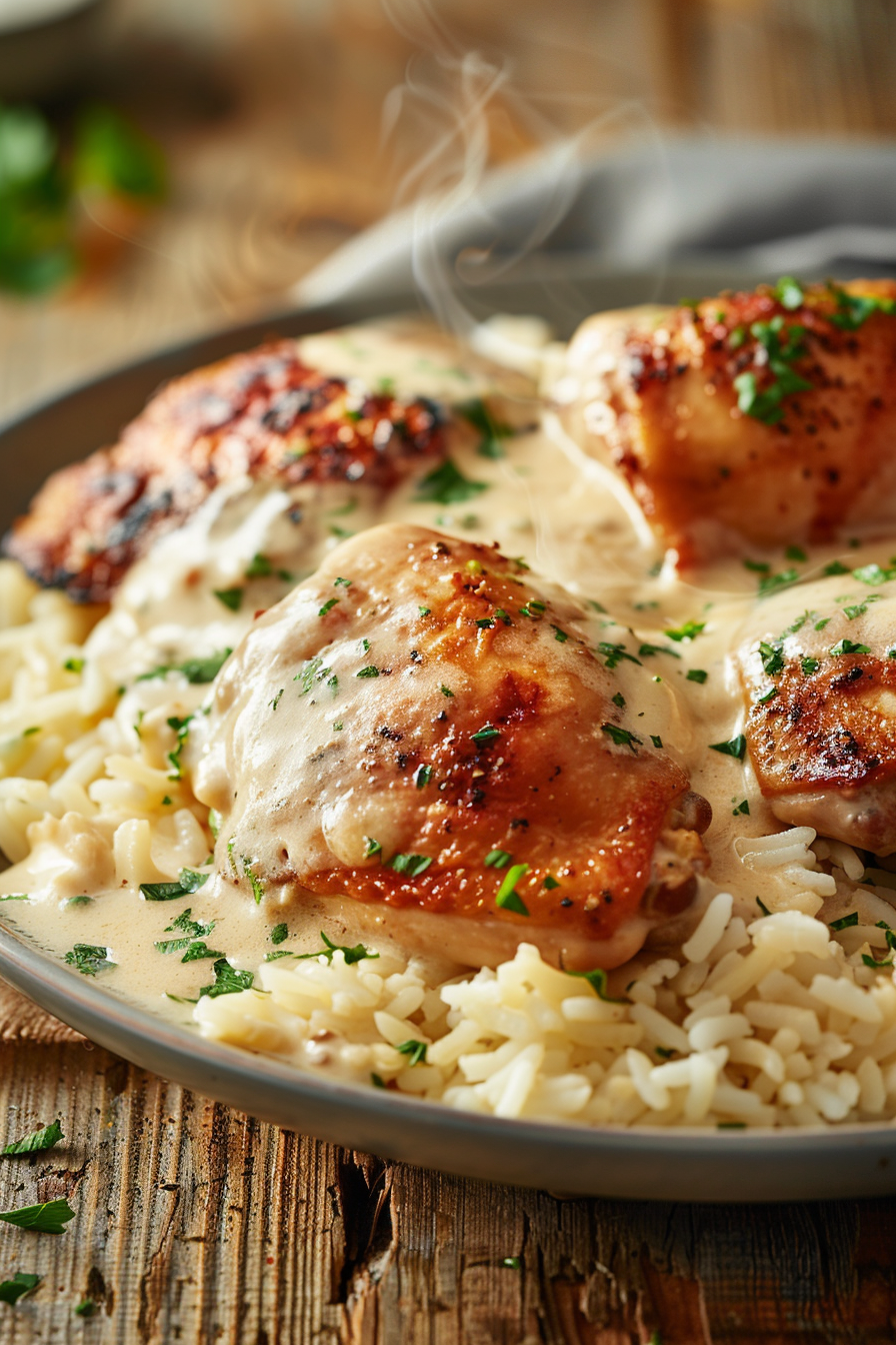 Creamy Smothered Chicken and Rice – A Soulful Comfort Classic with a Creamy Twist 6 creamy smothered chicken and rice closeup