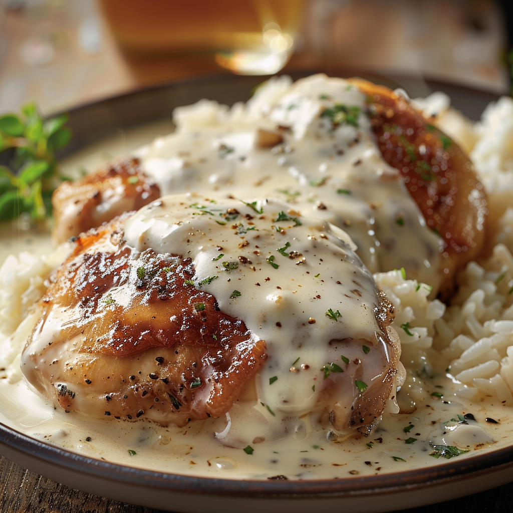 creamy smothered chicken and rice served hot on plate