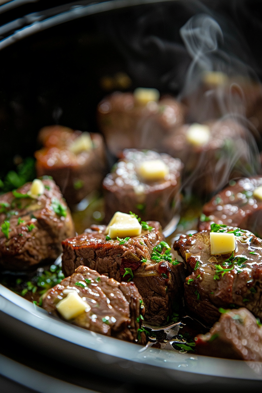 crockpot steak bites slow cooker closeup
