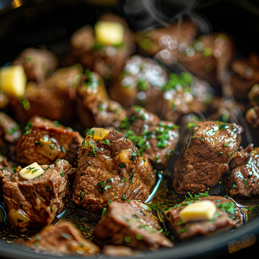 Crockpot steak bites in slow cooker with melted butter