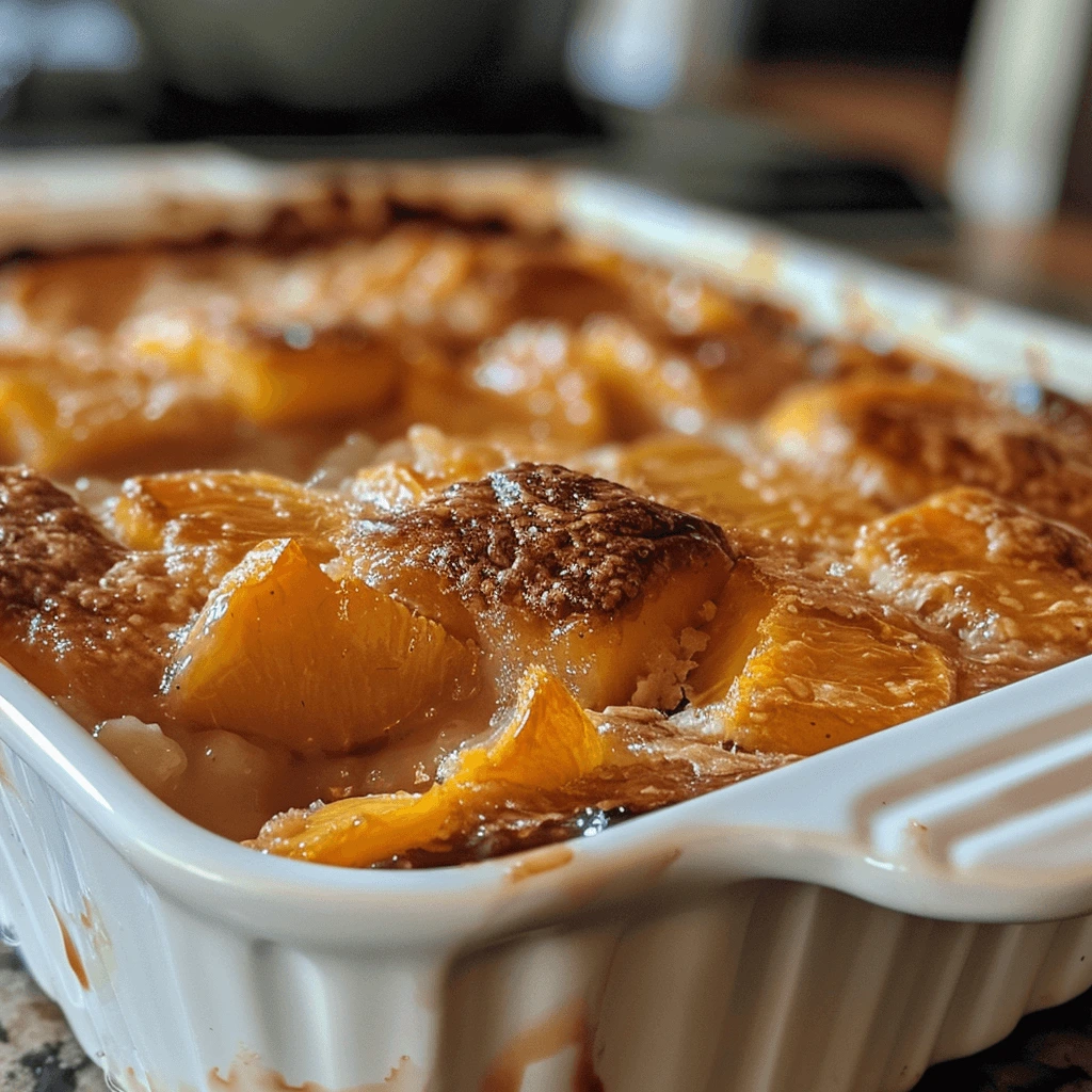 golden-brown easy peach cobbler recipe in white baking dish